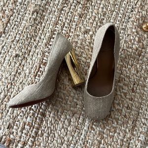 Tory Burch Madison Burlap pump with gold block heels